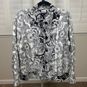 Chico's Silk/Linen Monochrome Abstract Flower Button Up Jacket  Size 2 (US12)
